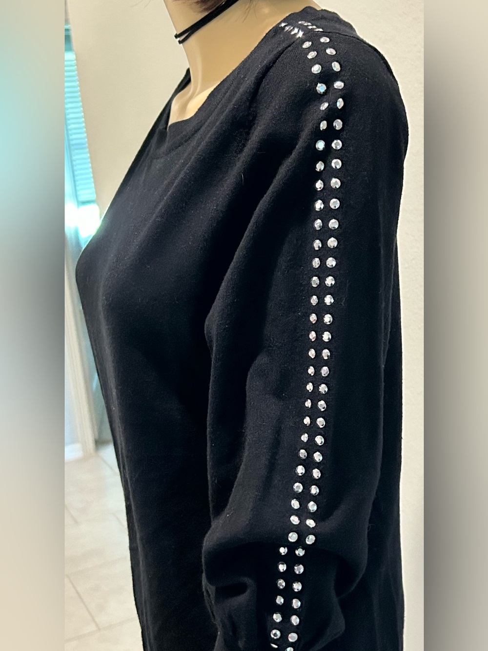 Alfani Black Long Sleeve Sweatshirt with Rhinestone Sleeve Trim